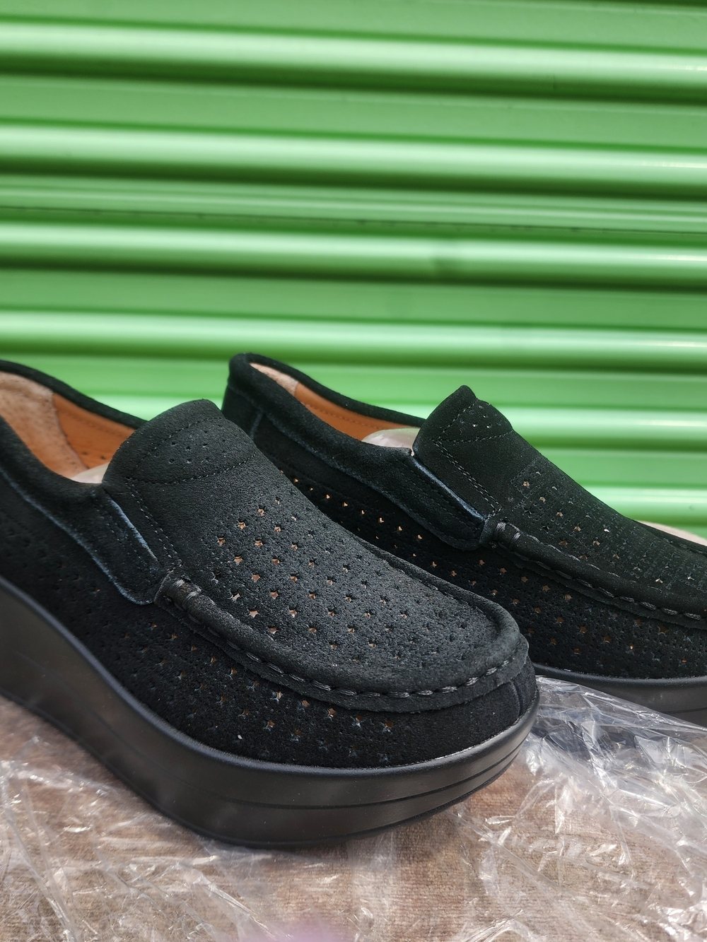 Black Platform Perforated Slip-On Loafers